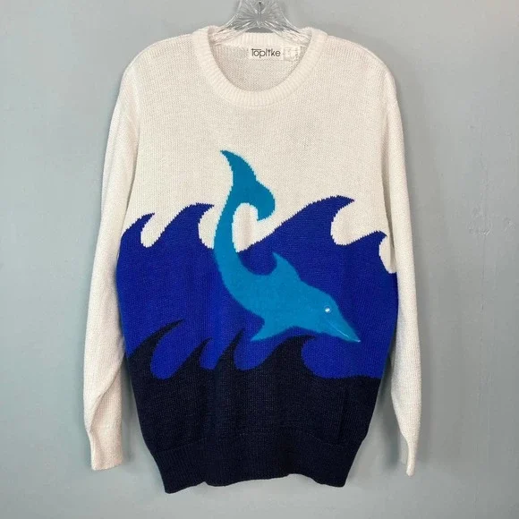 TOPLIKE Vintage Dolphin Ocean Waves Angora Blend Crew Neck Sweater Womens Size L - Picture 7 of 16